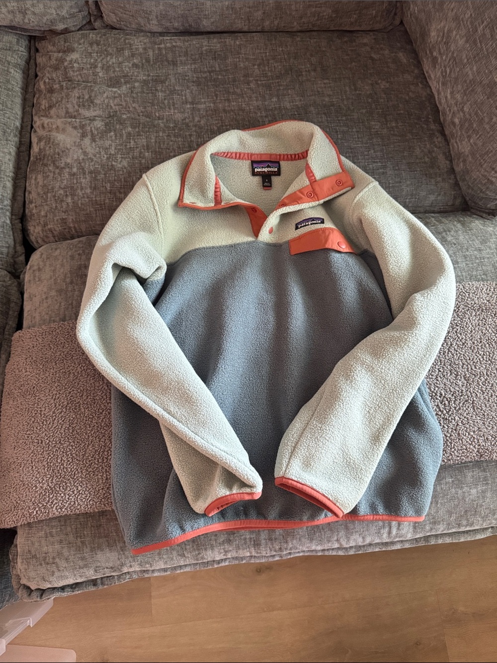 Patagonia Two-Tone Zip Fleece Jacket in Cream, Gray & Coral Trim